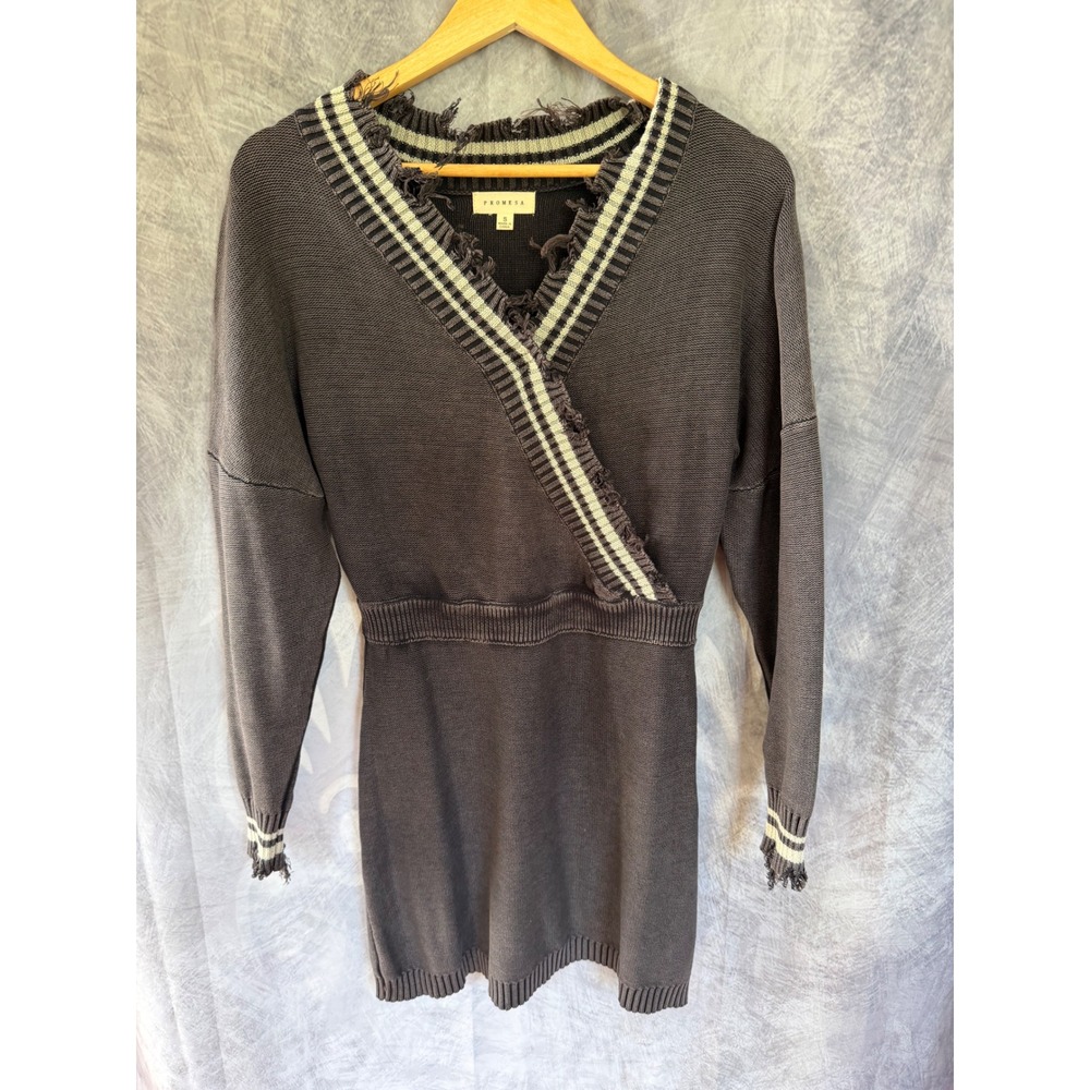 Promesa Gray Frayed V-Neck Sweater Dress G0298 Striped Trim Small Boho Grunge